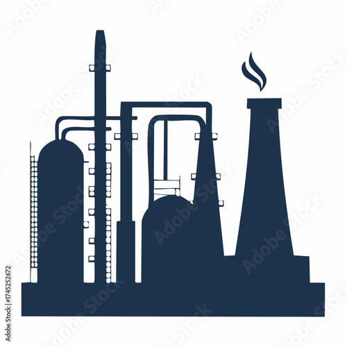 Graphic vector illustration of an industrial factory complex silhouette with a smoking chimney, symbolizing energy production and manufacturing