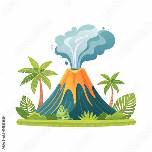 Vector illustration of a smoking volcano mountain erupting with lush tropical foliage and palm trees, a vibrant natural landscape