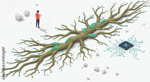 Conceptual illustration of an organic data network, showing a tree root system connected to a central processing unit chip