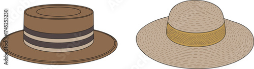 Boater hat and straw sun hat side by side, fashion accessories, summer headwear, flat vector illustration, CAD drawing style