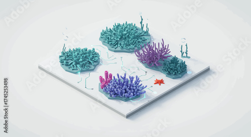 Vibrant 3D render of a stylized marine ecosystem featuring diverse coral formations and aquatic plants on a clean white base, perfect for nature and digital design concepts