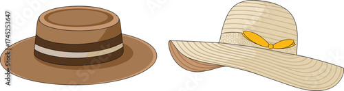 Boater hat, sun hat, ribbon detail, summer accessory, fashion headwear, flat vector illustration, CAD drawing, stylish design, hat comparison