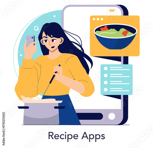 Woman Using Recipe App While Cooking Vector Illustration