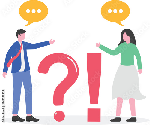 Businessman and businesswoman sit on question and answer mark,

