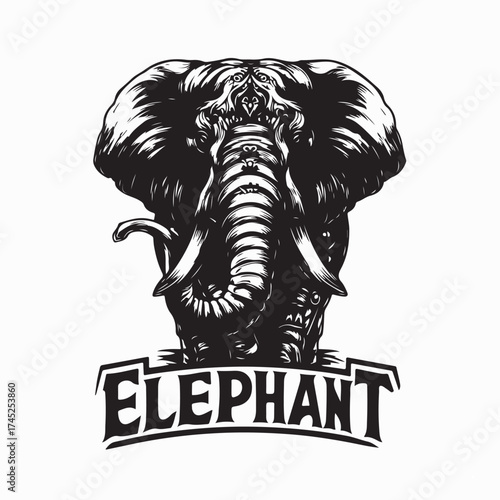 Front View Silhouette Vector of Large Powerful Elephant for Logo