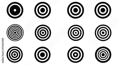 A collection of black and white concentric circles in varying patterns