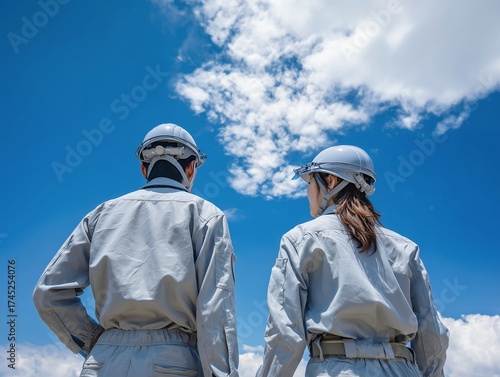 青空の下で未来を見つめる作業服姿の男女作業員が現場で協力する後ろ姿のビジネスイメージ写真