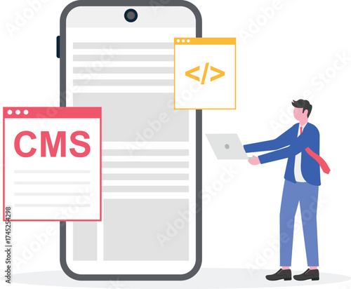 CMS, PHP, and MySql development, information architecture concept with people characters.


