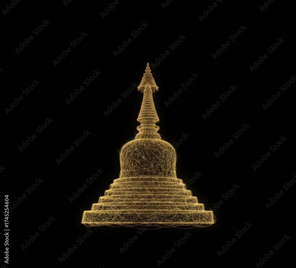 Naklejka premium 3D rendered gold-colored stupa model against black backdrop; detailed, glowing, intricate lines