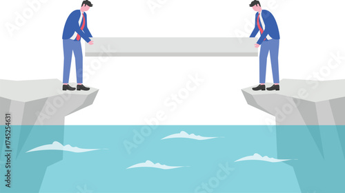 Business team building bridge to connect path together
