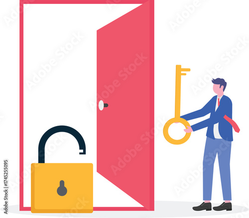 Vector illustration of business people characters open door using key and unlock padlock to improving skills.

