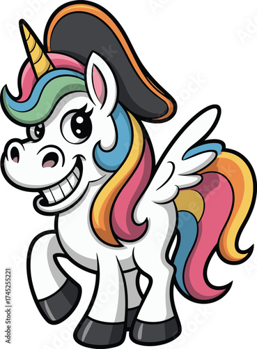 Cute cartoon unicorn with rainbow mane wearing pirate hat, fantasy animal illustration, magical fairytale creature, colorful children character art