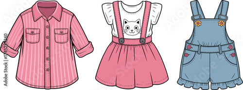 Children clothing set, pink striped shirt, pinafore dress with cat print, denim overalls with embroidery, kids fashion outfit, cad drawing flat vector illustration