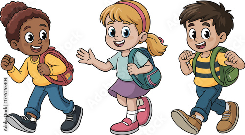Happy cartoon children walking to school with backpacks, diverse kids illustration, education, friendship, childhood learning concept, back to school design