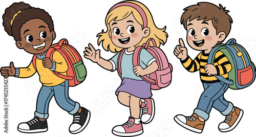 Happy cartoon children walking to school with backpacks, diverse kids illustration, education, friendship, childhood learning concept, back to school design