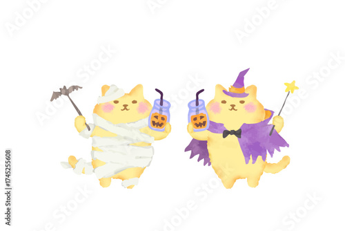 ハロウィン・仮装してパンプキンジュースを持つ可愛い猫のベクターイラスト素材／水彩風