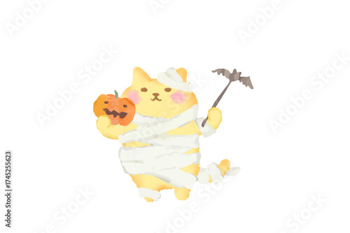 ハロウィン・仮装してかぼちゃを持つ可愛い猫のベクターイラスト素材／水彩風