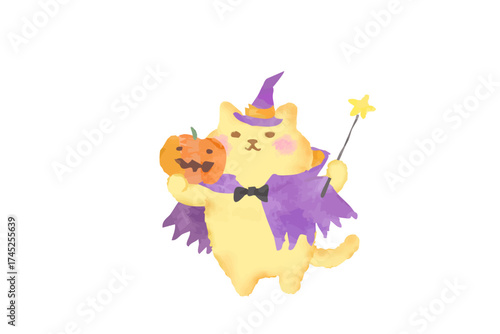ハロウィン・仮装してかぼちゃを持つ可愛い猫のベクターイラスト素材／水彩風
