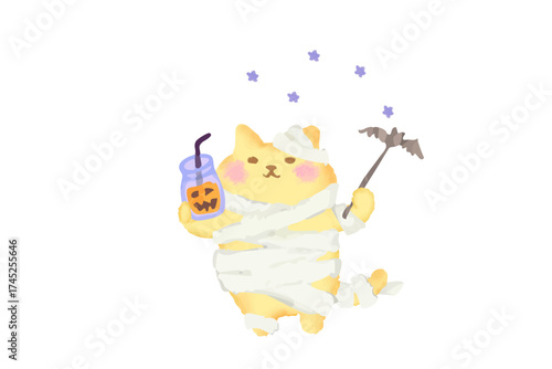 ハロウィン・仮装してパンプキンジュースを持つ可愛い猫のベクターイラスト素材／水彩風