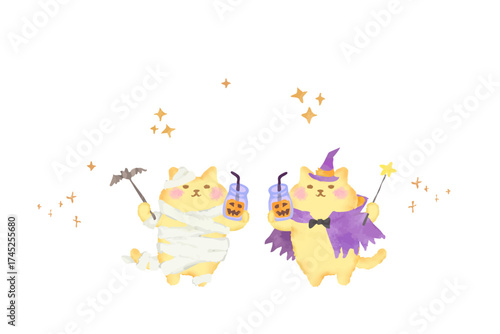 ハロウィン・仮装してパンプキンジュースを持つ可愛い猫のベクターイラスト素材／水彩風