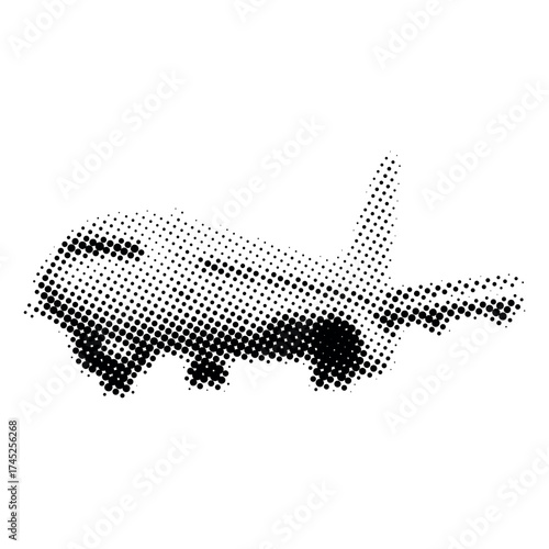Halftone black and white illustration of an airplane taking off