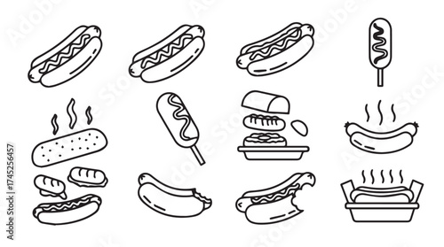 Collection of delicious hot dog and corn dog food icons with hand drawn style outline vector