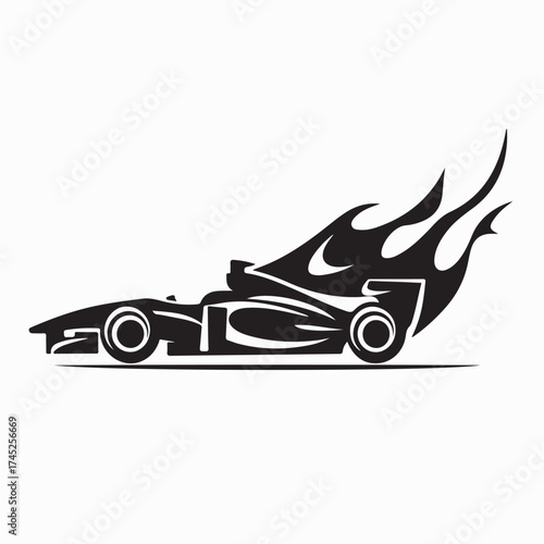 Racing Car Formula One Logo Vector with Intense Flame Silhouette Design