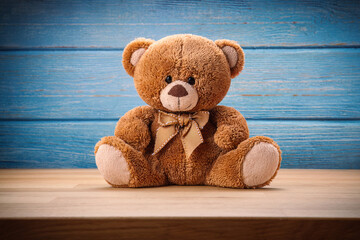 Acrylglasbilder Tierarzt Vintage Teddybär auf blauem Holz  © ValentinValkov