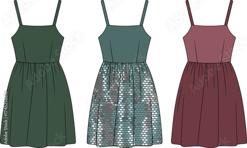 Dark green dress, teal mosaic gown, maroon pleated dress, sleeveless women clothing, stylish evening wear, fashion apparel, cad drawing flat vector illustration