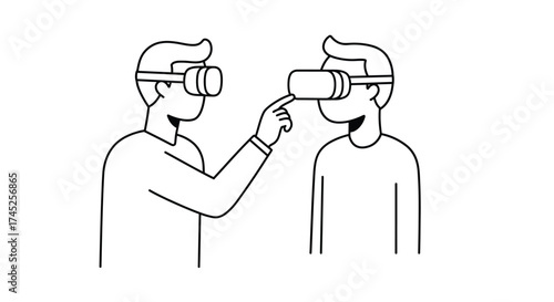 Two people interacting with virtual reality headsets in a simple illustration