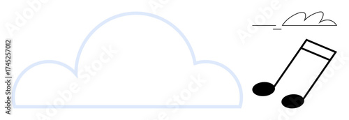 Large cloud outline with music notes floating nearby, symbolic of cloud music storage or creativity. Ideal for sound, networking, inspiration, digital platforms, entertainment, technology, teamwork