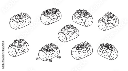 Collection of delicious cinnamon rolls artistic sketch isolated on vector