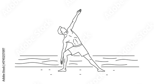 A person performing a yoga pose by the ocean line art style