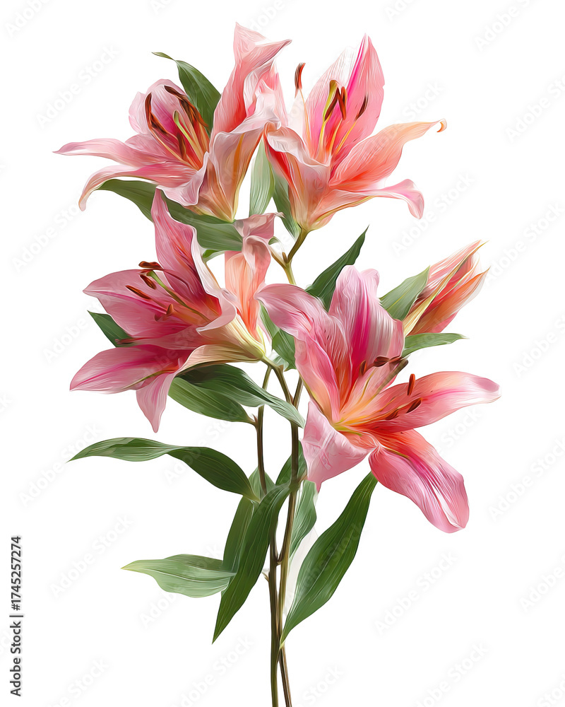 Fototapeta premium Bouquet of Pink Lilies with Long Green Leaves in Luxurious Floral Arrangement on Transparent Background