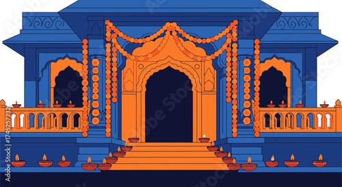 Beautiful Traditional Indian Temple Entrance with Orange Marigold Garlands and Sacred Oil Lamps, Stunning Cultural Architecture for Festivals, Celebrations, Spiritual Events, and Heritage Occasions