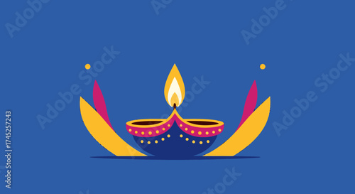 Bright Diwali Diya with Flame and Decorative Elements for Festival Celebrations, Traditional Indian Lighting, Cultural Festival Decor, Bright Colors, and Joyful Atmosphere