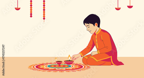 Celebrating Diwali Festival of Lights with Traditional Rituals, Elegant Rangoli Design, Diyas, and Cultural Attire for Joyous Cultural Festivities and Religious Observances