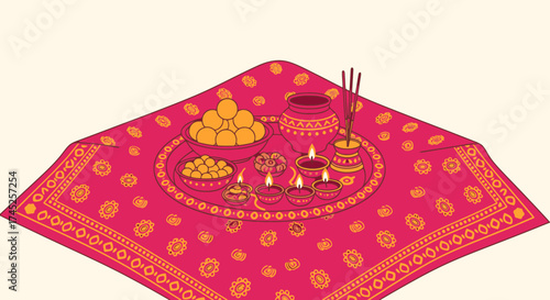 Celebration of Cultural Tradition with Traditional Indian Diwali Festival Setup Featuring Bright Decor and Religious Items for Festive Occasions