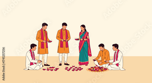 Celebrating Traditional Indian Festival with Men and Women in Cultural Attire Performing Rituals and Offering Prayers for Prosperity and Happiness, Cultural Ceremony Scene