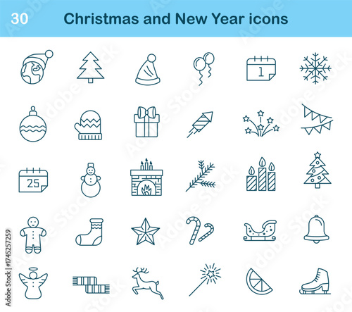 Set of winter icons in line style. Includes snowflake, tree, gift, mountain, snowman, hat, thermometer, cloud, ski, wind, mitten, and candle. Perfect for cold season, holiday, and weather design.