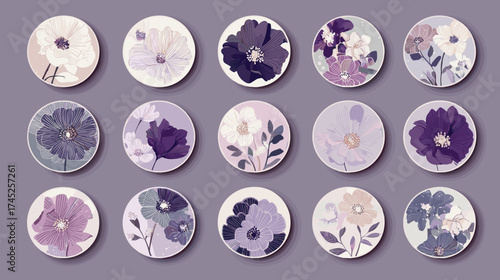 Lavender Purple Floral Circle Sticker Set in Minimalist Modern Styl