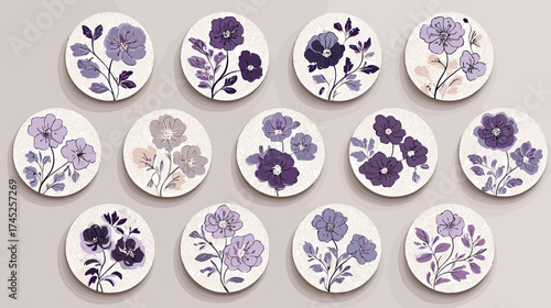 Lavender Purple Floral Circle Sticker Set in Minimalist Modern Styl
