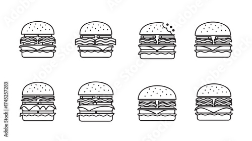 Collection of eight delicious hamburgers icons diverse burger styles food graphics vector