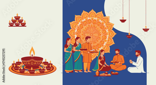 Colorful Diwali Festival Celebration Illustration with Traditional Rangoli, Diyas, and People in Festive Attire Showing Joy and Unity, Perfect for Event Promotions, Cultural Awareness Campaigns, and