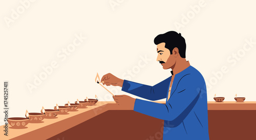 Elegant Indian Man Performing Traditional Ritual Ceremony with Oil Lamps and Holy Offerings, Celebrating Cultural Heritage at Sacred Festival Event, Vibrant Spiritual and Religious Practice