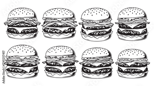 Collection of hand drawn delicious cheeseburgers and hamburgers fast food icon set food art vector