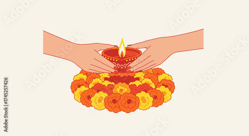 Elegant Handcrafted Diya Candle Surrounding Traditional Marigold Flower Decoration for Festivals Celebrations Cultural Rituals and Spiritual Ceremonies in Vibrant Festive Settings