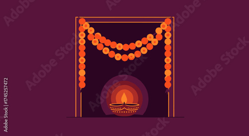 Elegant Traditional Festival Decoration with Bright Orange Marigold Garlands for Celebrations and Cultural Events, Vibrant Festive Scene Highlighting Colorful Ceremony Setup for Joyful Occasions