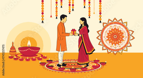 Elegant Traditional Indian Wedding Ceremony Scene with Bride and Groom in Colorful Attire Celebrating Sacred Rituals Under Decorative Henna and Floral Mandala Decor with Ritual Items and Warm