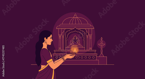 Elegant Woman in Traditional Indian Attire Worshipping a Sacred Temple at Night with Deep Purple Background Showing Spirituality and Cultural Heritage for Religious or Cultural Celebrations and